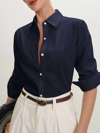 Arabella Classic Collared Button Down Long Sleeve Cotton Shirt - Navy Blue