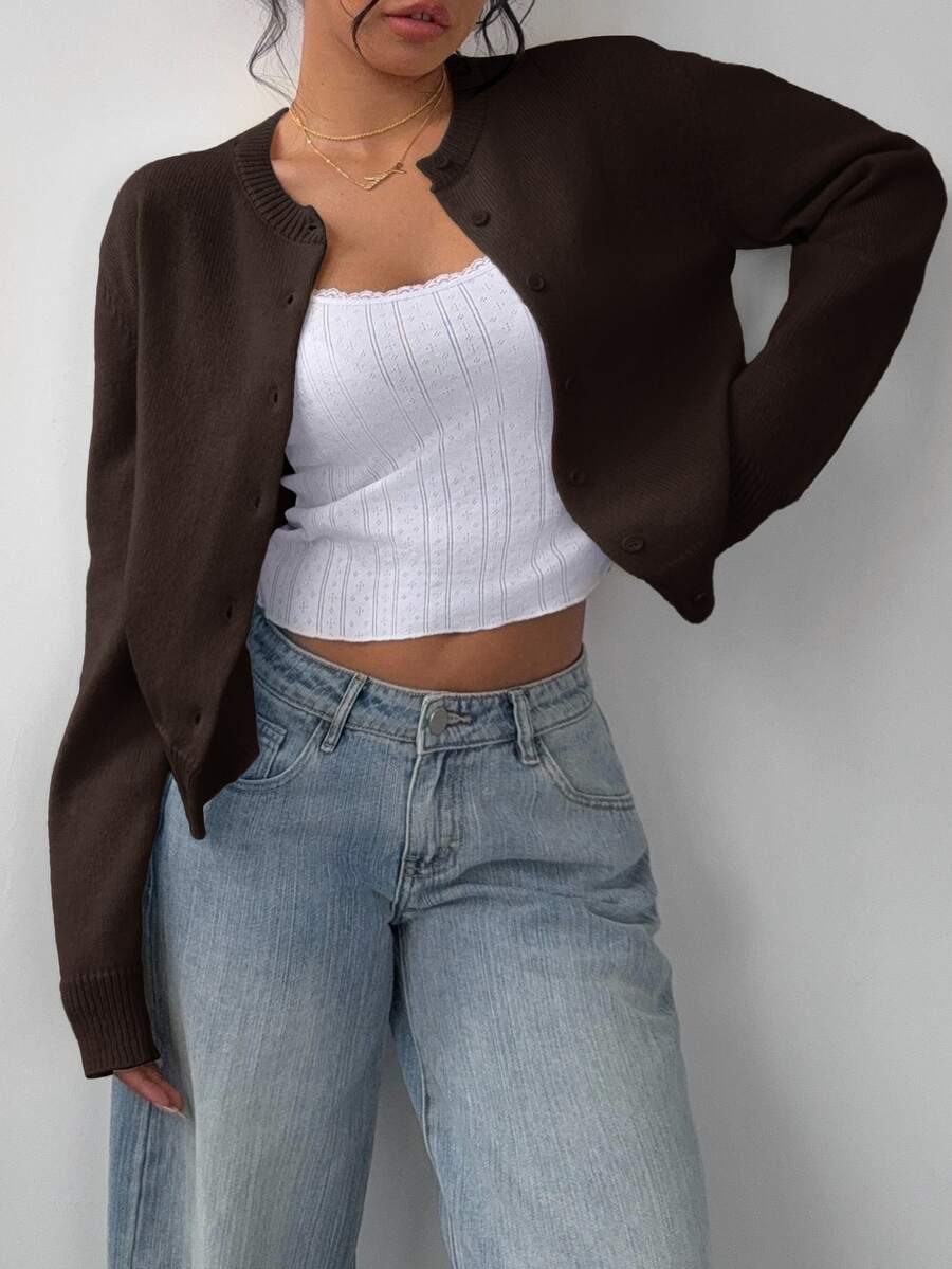 Elowen Round Neck Cropped Cardigan - Brown