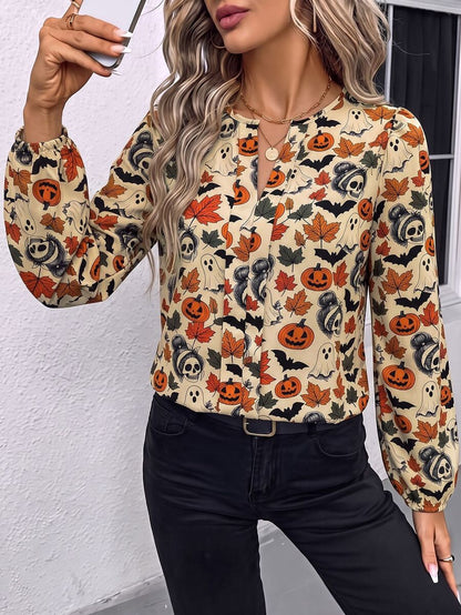 Nell Long Sleeve Blouse with Split V Neck and Lantern Sleeves - Orange Harvest Print