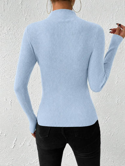 Verity Slim Ribbed Mock Neck Sweater Long Sleeve Pullover - Baby Blue