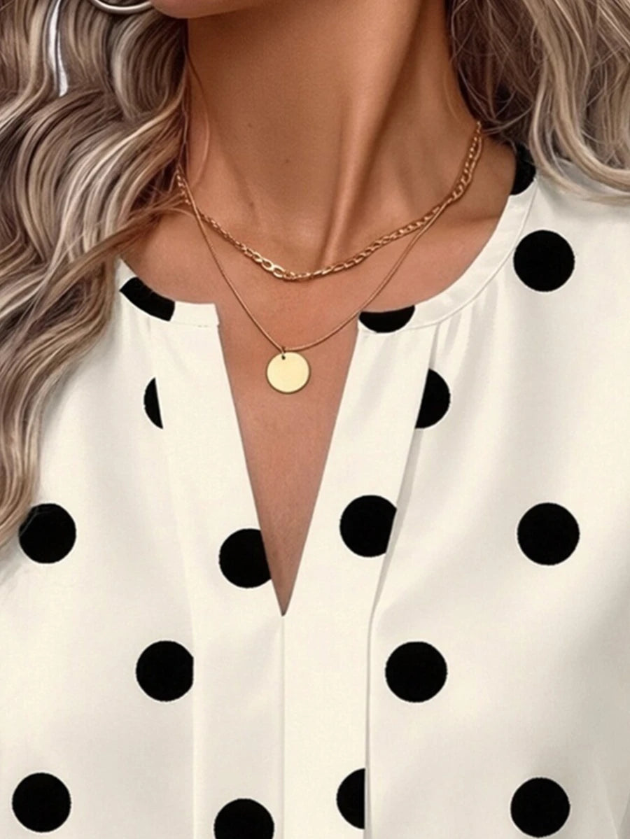 Nell Long Sleeve Blouse with Split V Neck and Lantern Sleeves - White Polka Dot