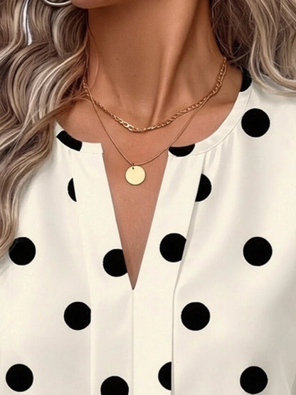 Nell Long Sleeve Blouse with Split V Neck and Lantern Sleeves - White Polka Dot