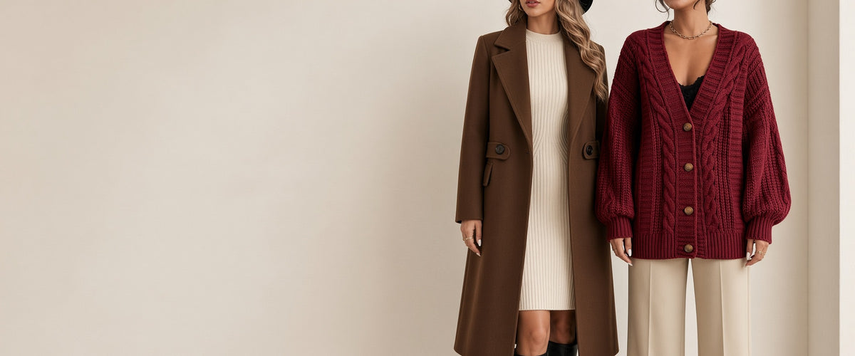 Two women in a cream room wearing a brown long coat over a cream ribbed knit dress, and a burgundy cable-knit cardigan with beige wide-leg trousers.