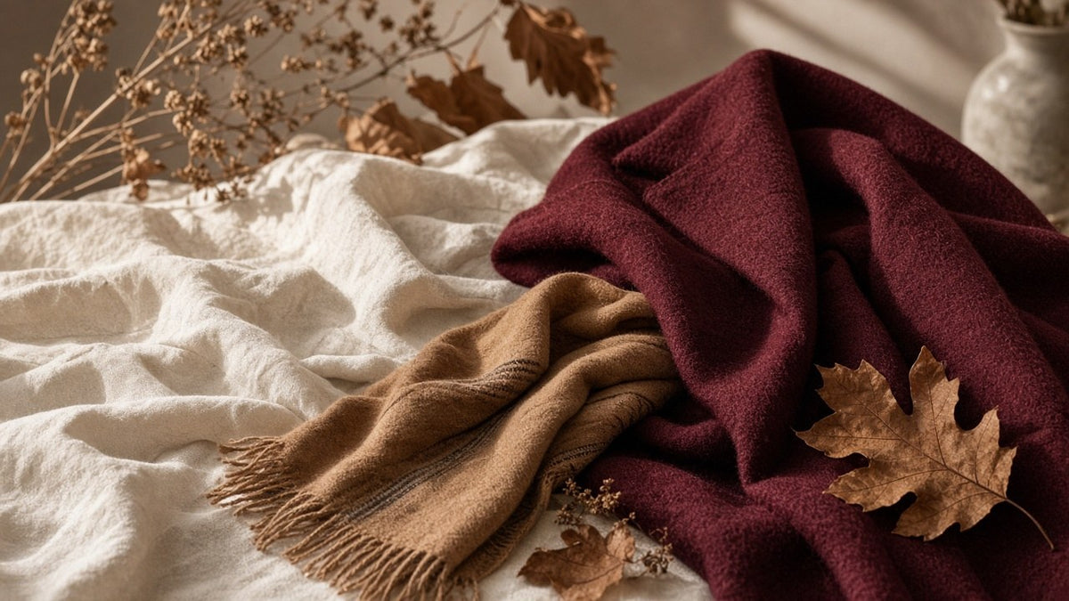 Mensa — wine coat and camel scarf still life, autumn winter hero