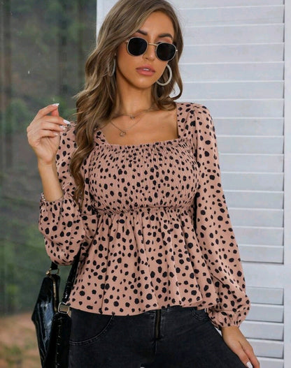 Emma Beige Polka Dot Square Neck Peplum Top Summer Mensa