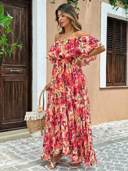 Isabella Red Floral Off Shoulder Ruffle Maxi Dress Summer Mensa