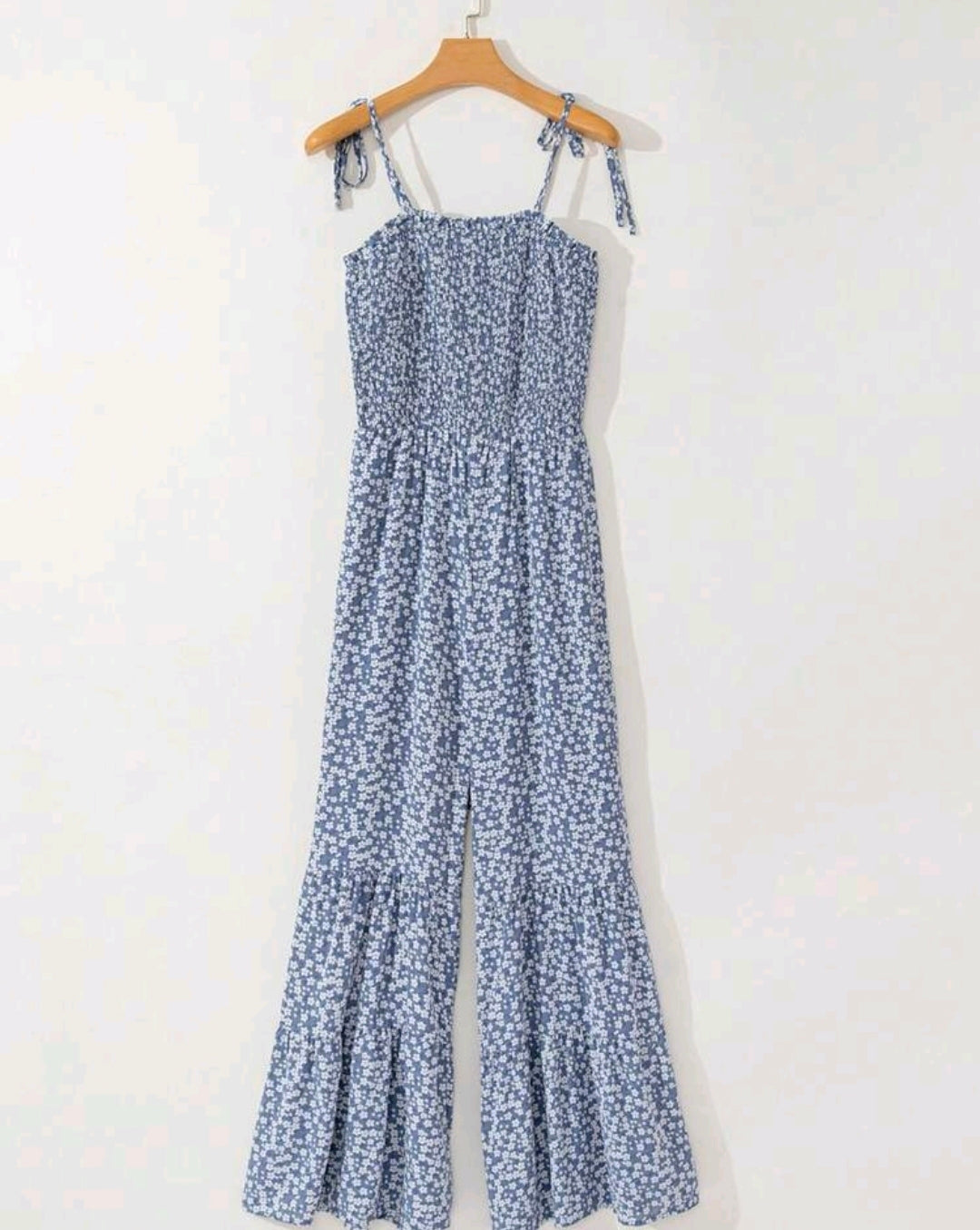 Elena Blue Floral Smocked Wide Leg Jumpsuit Summer Mensa