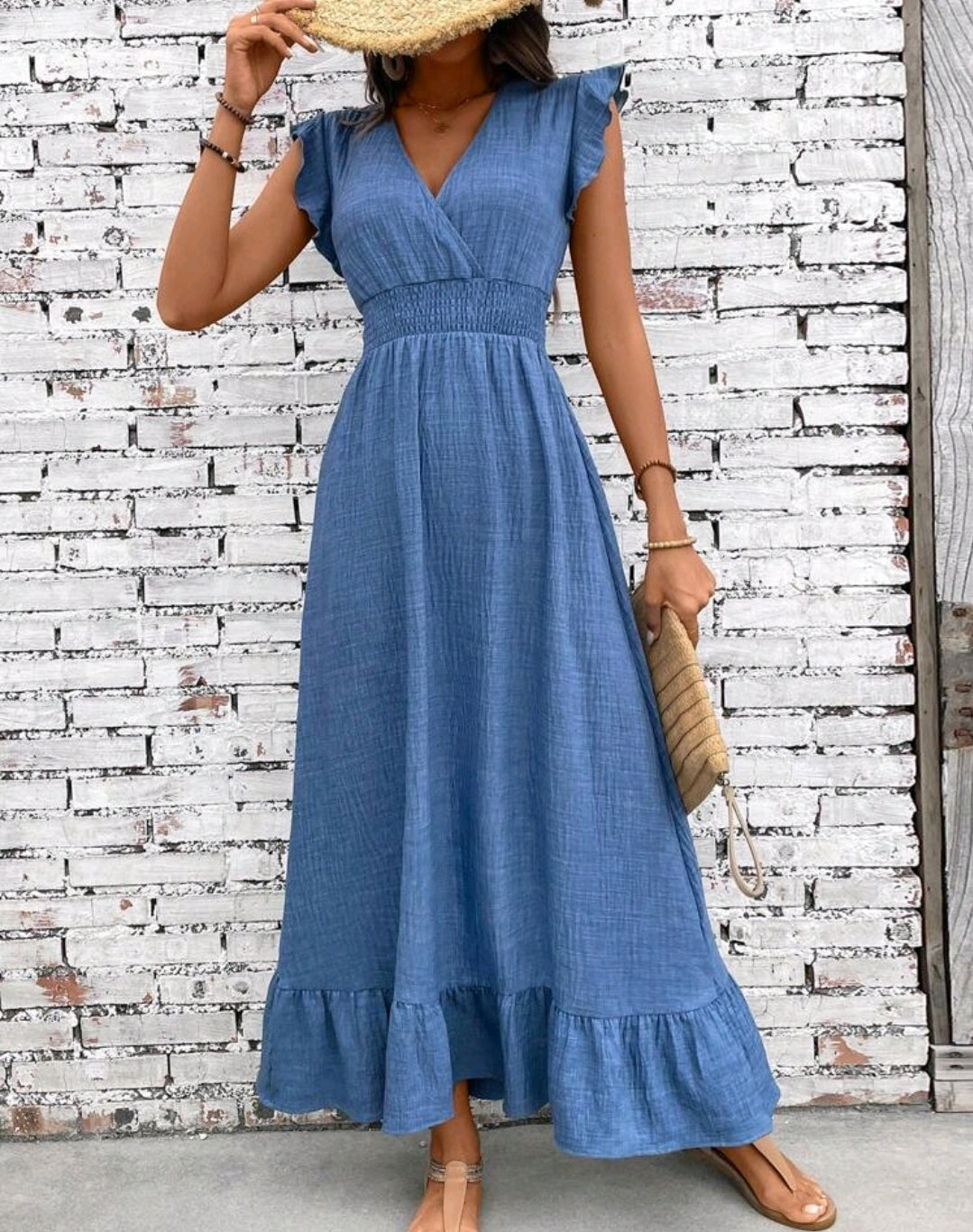 Nora Chambray Smocked V-Neck Ruffle Tiered Midi Dress Summer Mensa