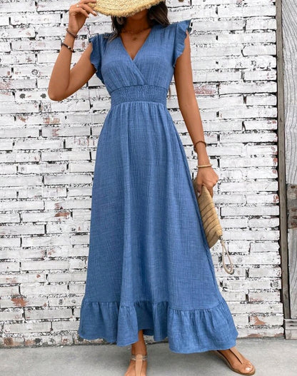 Nora Chambray Smocked V-Neck Ruffle Tiered Midi Dress Summer Mensa