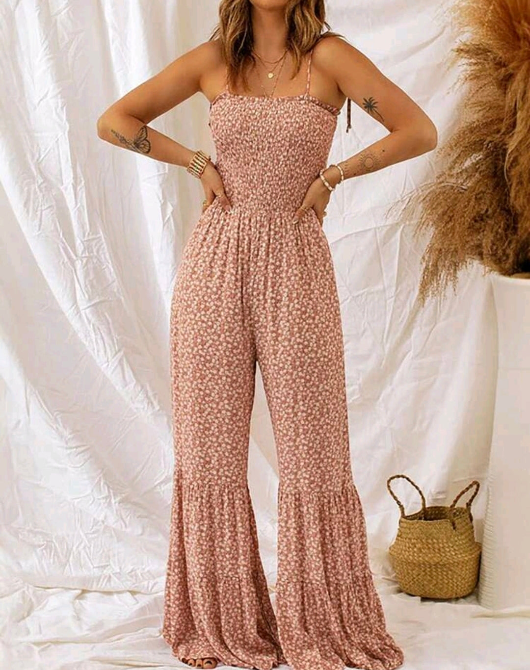 Mia Pink Floral Smocked Wide Leg Jumpsuit Summer Mensa
