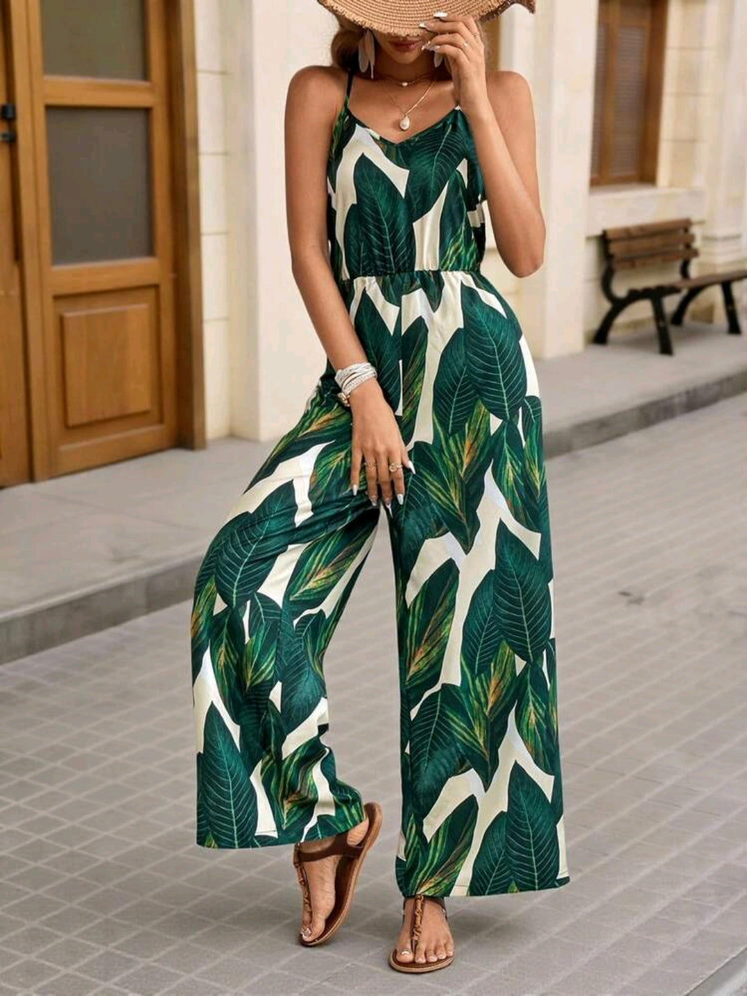Sophia Green Leaf Print Wide Leg Jumpsuit Summer Mensa