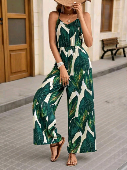 Sophia Green Leaf Print Wide Leg Jumpsuit Summer Mensa