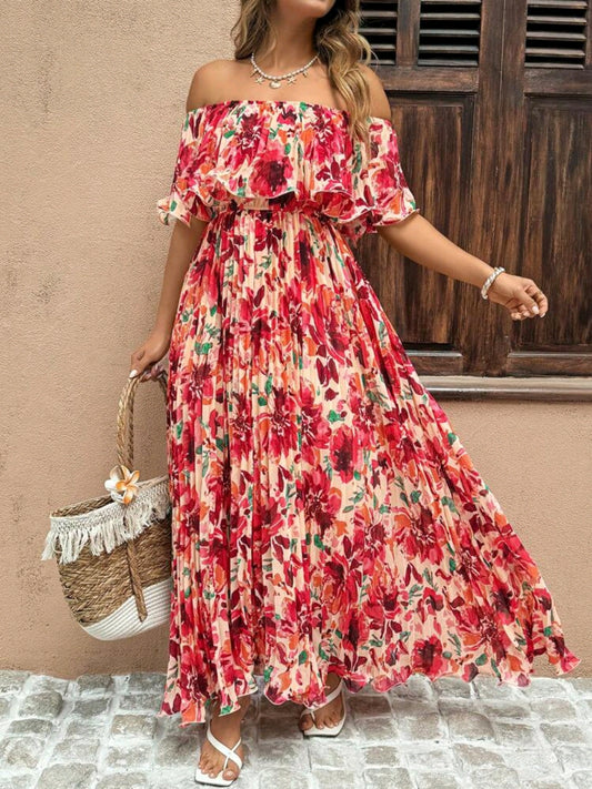 Isabella Red Floral Off Shoulder Ruffle Maxi Dress Summer Mensa