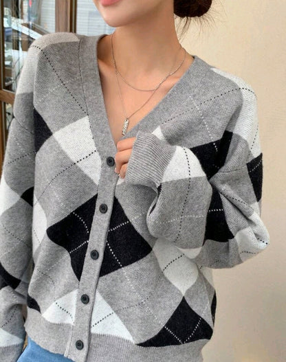 Noelle Argyle Knit Cardigan Grey Fall Mensa