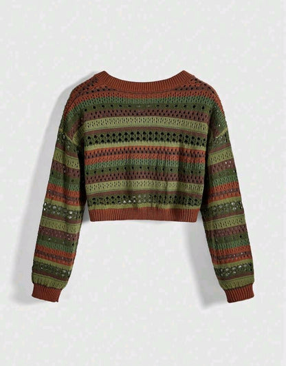 Open Knit Striped Crop Cardigan Mensa