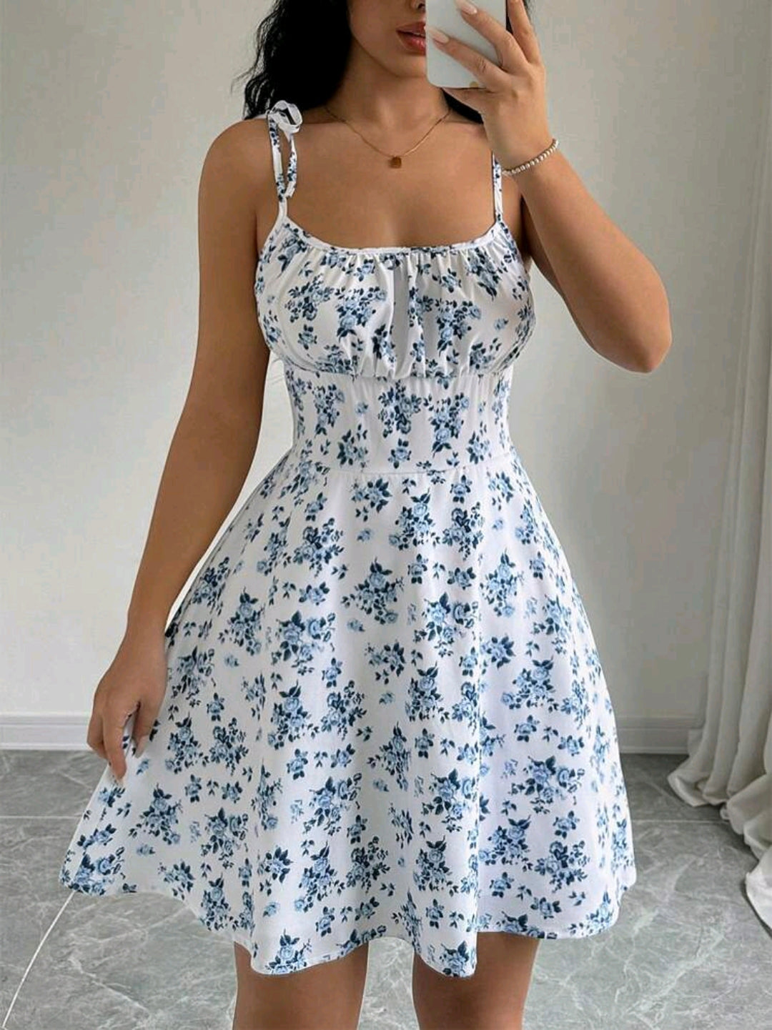Mia White Floral Tie Strap Smocked Mini Dress Summer Mensa