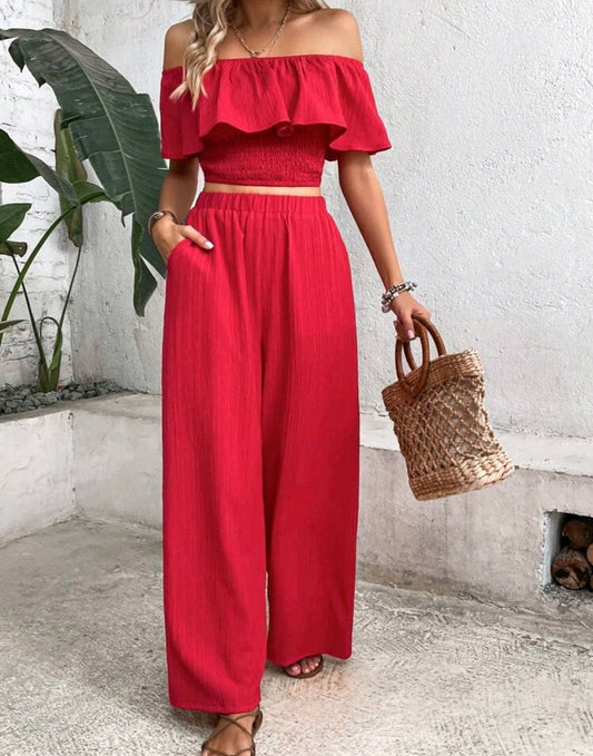 Elena Off Shoulder Ruffle Wide Leg Pants Set Summer Mensa