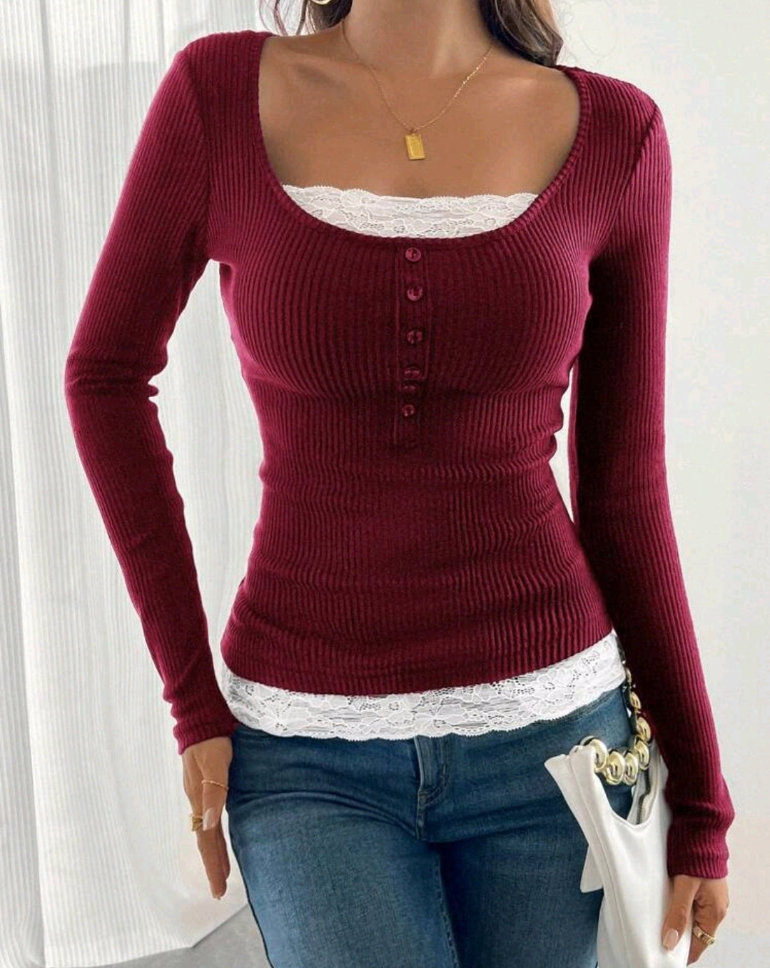 Lace Trim Ribbed Top Mensa