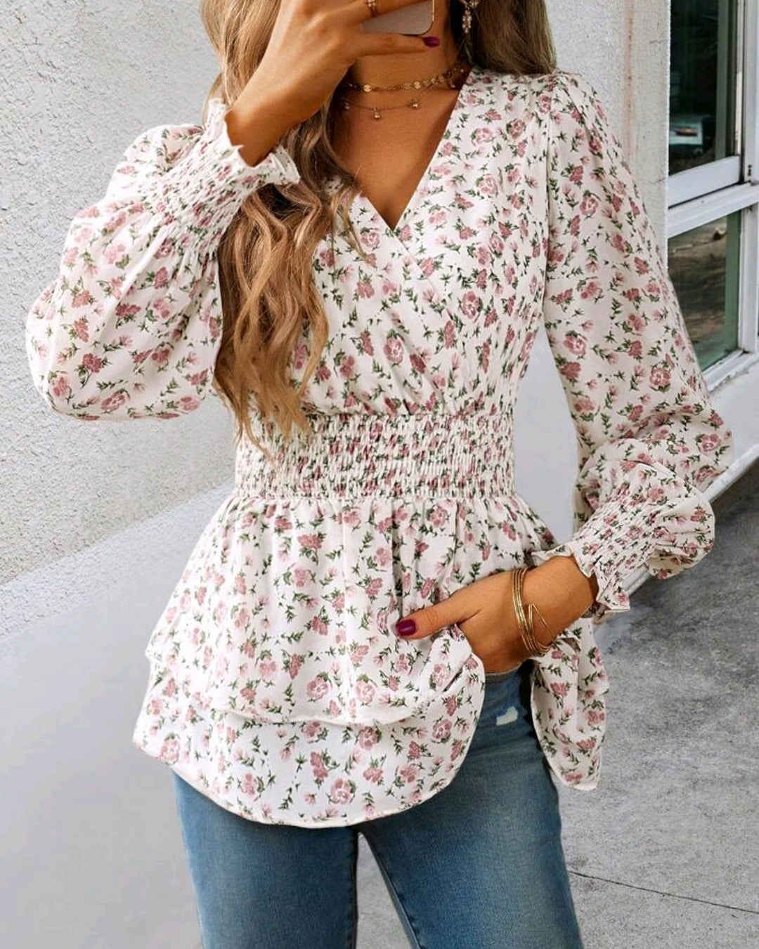 Emma Pink Floral Long Sleeve V-Neck Peplum Top Summer Mensa