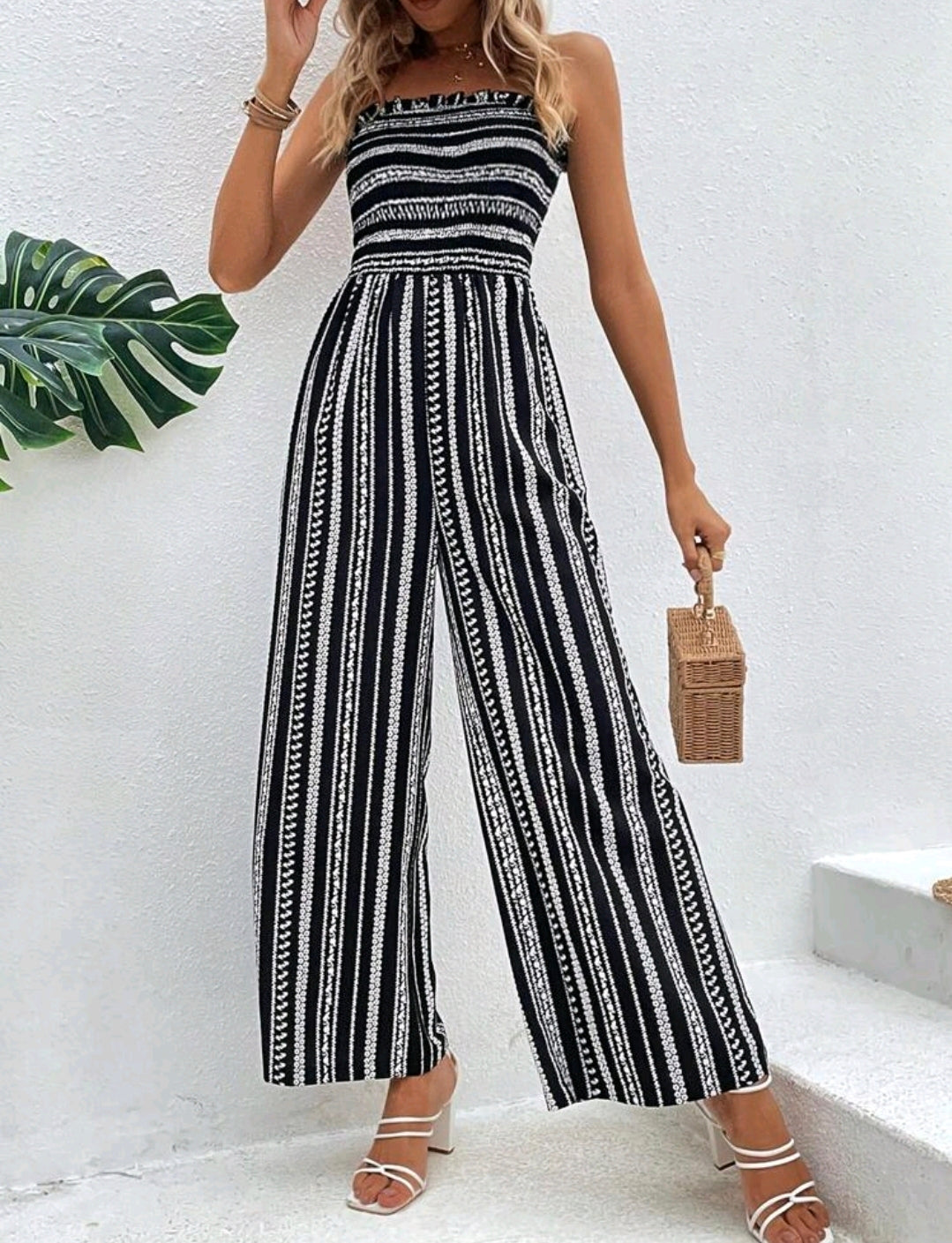 Sophia Black Striped Smocked Strapless Wide Leg Jumpsuit Summer Mensa