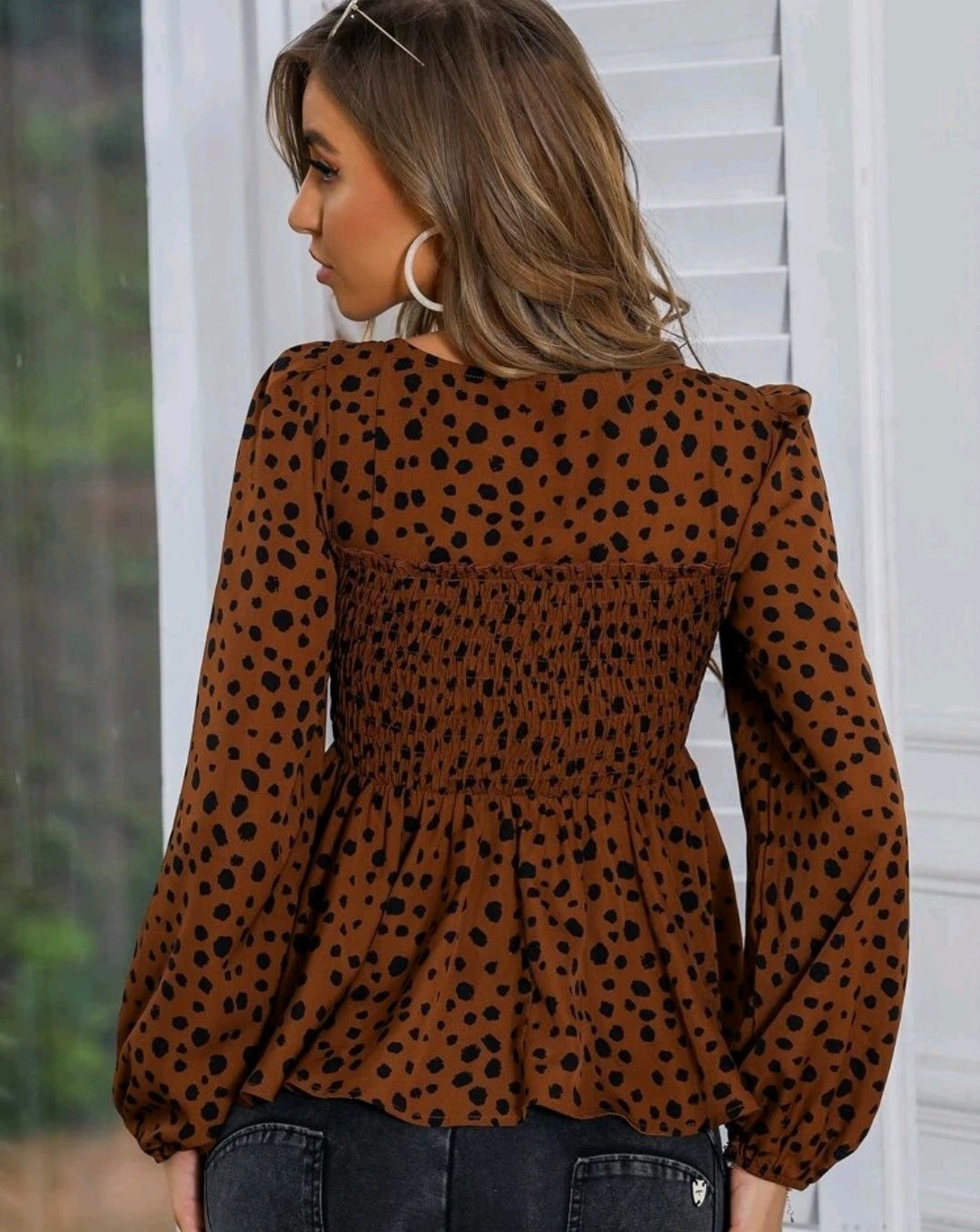 Brown Polka Dot Square Neck Peplum Top Summer Mensa