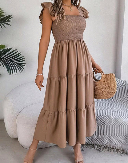 Olivia Taupe Smocked Square Neck Tiered Midi Dress Mensa
