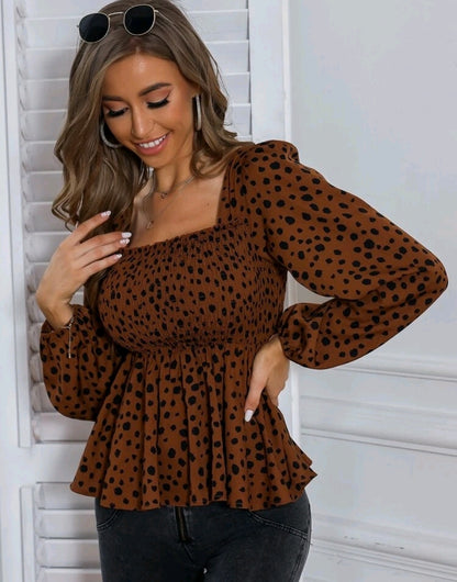 Brown Polka Dot Square Neck Peplum Top Summer Mensa