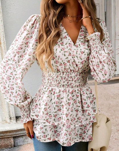 Emma Pink Floral Long Sleeve V-Neck Peplum Top Summer Mensa