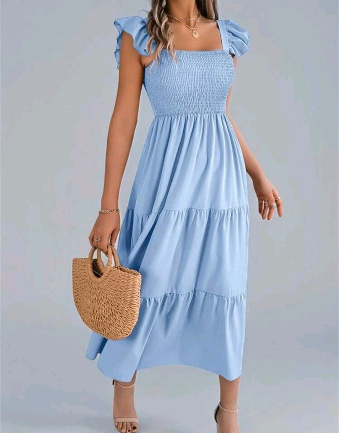 Ava Smocked Square Neck Tiered Midi Dress Summer Mensa