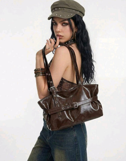 Clara Brown Patent Slouch Tote Buckle Bag Mensa