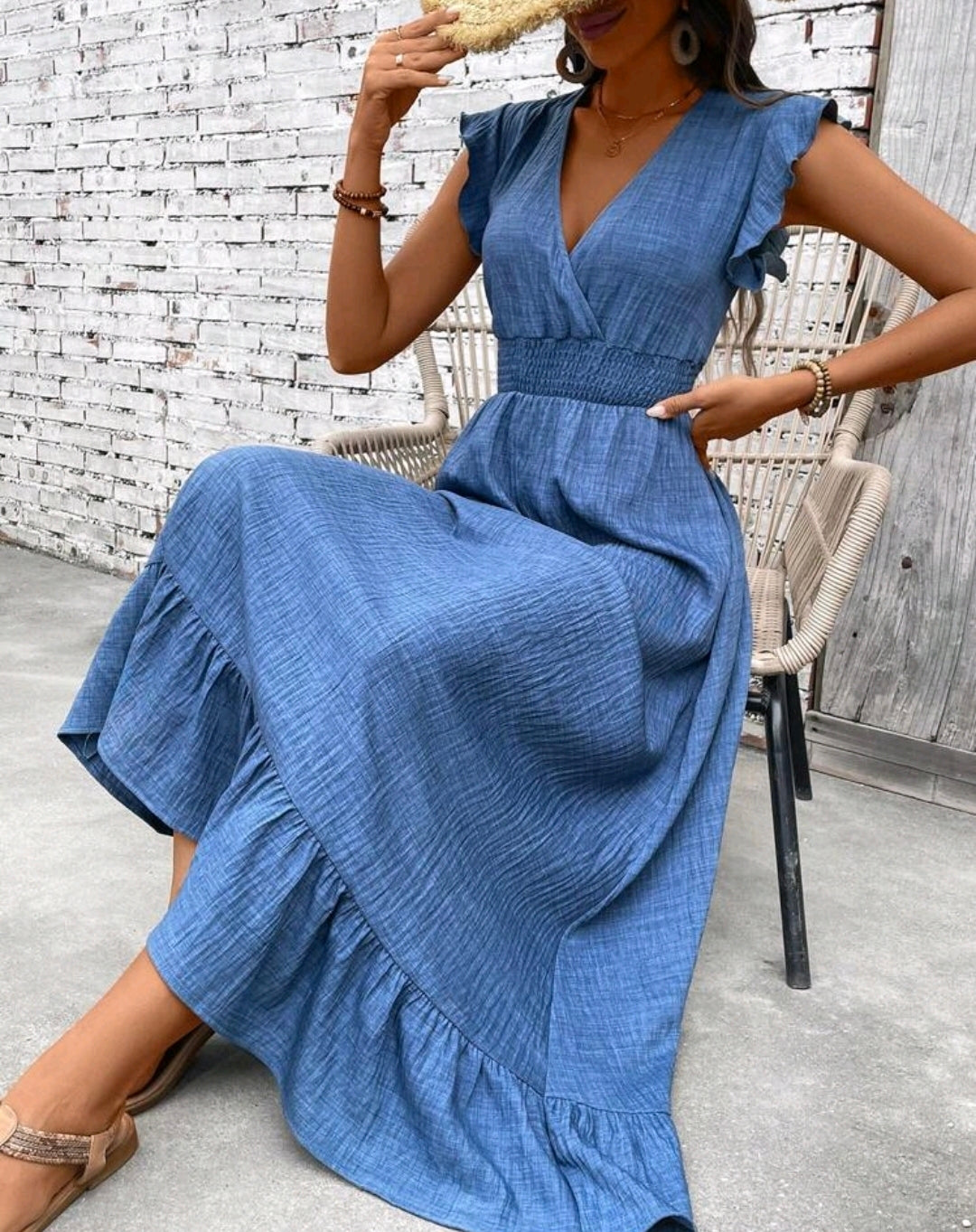 Nora Chambray Smocked V-Neck Ruffle Tiered Midi Dress Summer Mensa