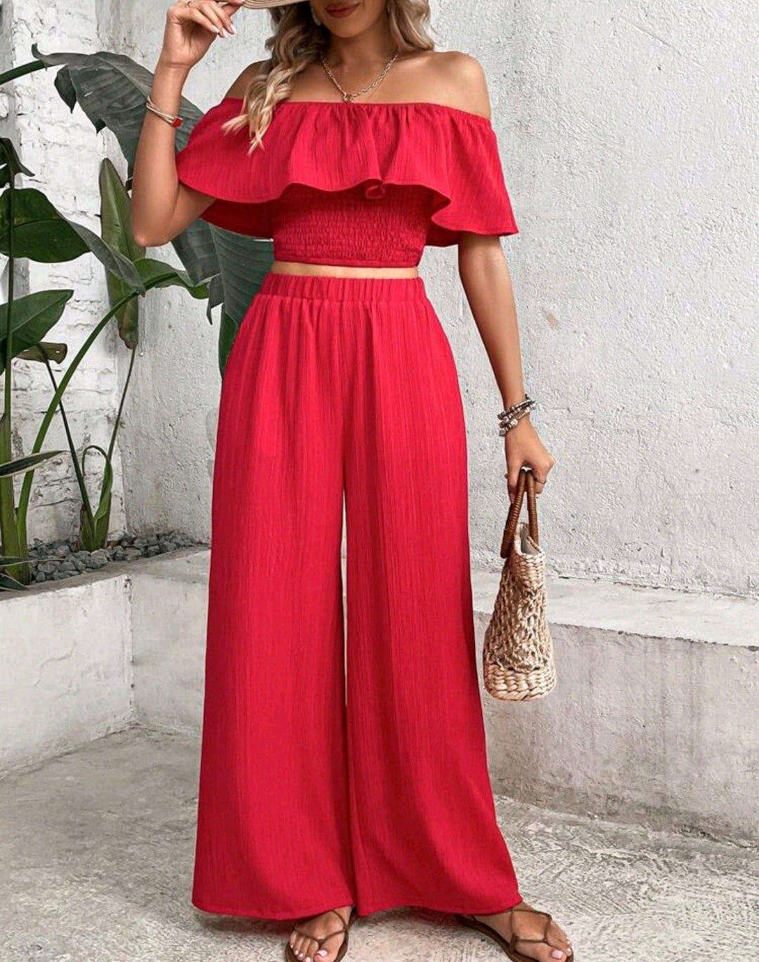 Elena Off Shoulder Ruffle Wide Leg Pants Set Summer Mensa