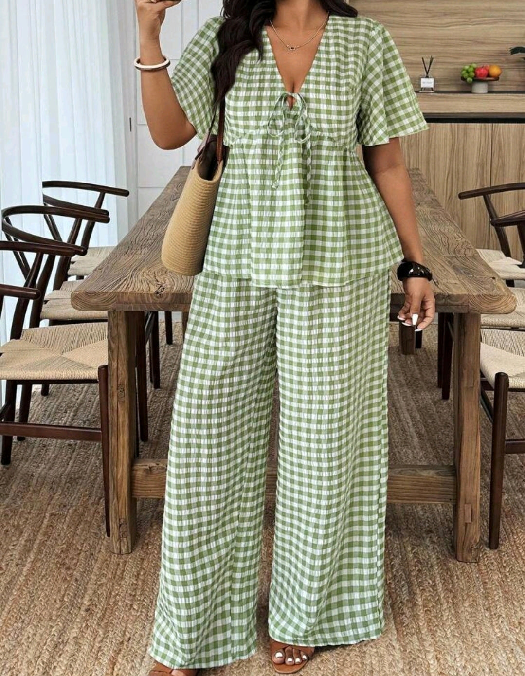Ava Gingham Peplum Wide Leg Pants Set Summer Mensa