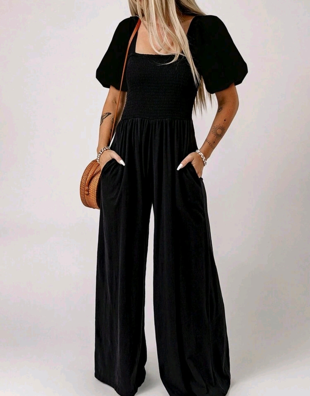 Black Square Neck Smocked Wide Leg Jumpsuit Summer Mensa