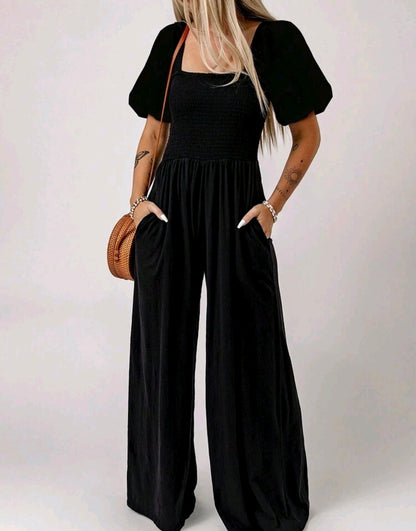 Black Square Neck Smocked Wide Leg Jumpsuit Summer Mensa