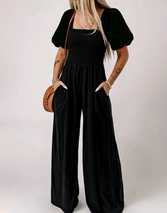Black Square Neck Smocked Wide Leg Jumpsuit Summer Mensa