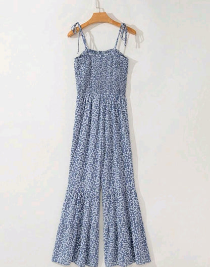 Elena Blue Floral Smocked Wide Leg Jumpsuit Summer Mensa
