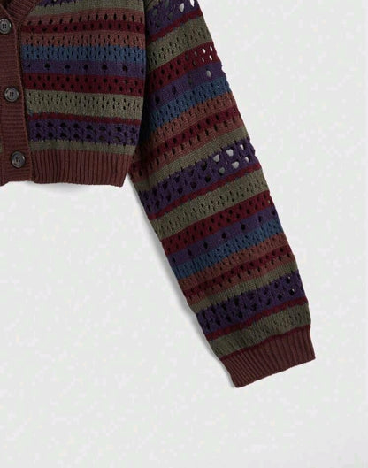 Open Knit Striped Crop Cardigan Mensa
