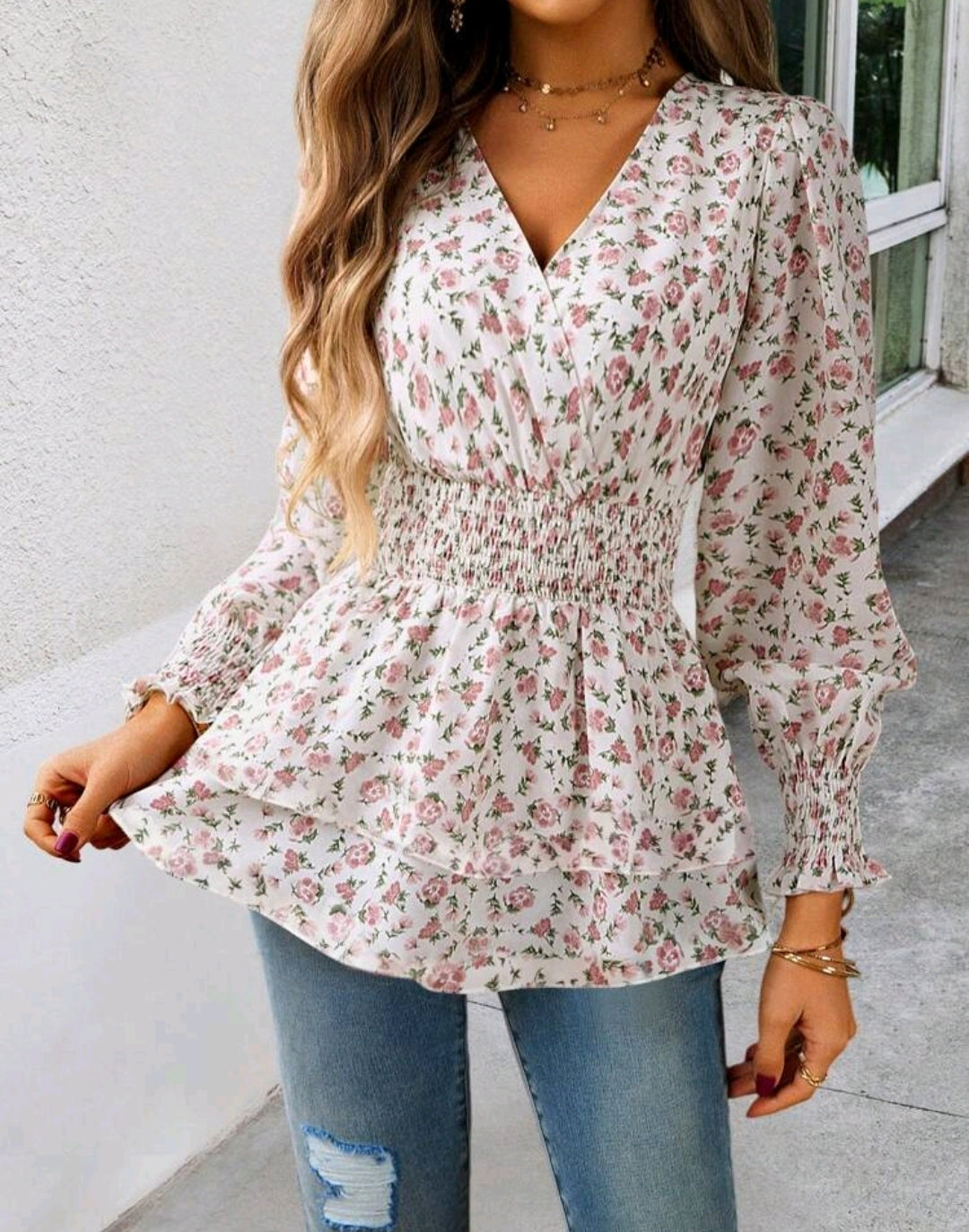 Emma Pink Floral Long Sleeve V-Neck Peplum Top Summer Mensa