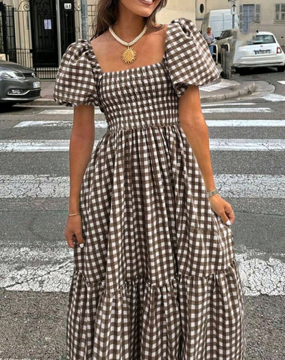 Isabella Gingham Square Neck Puff Sleeve Maxi Dress Summer Mensa