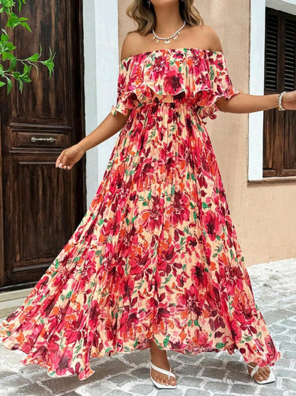 Isabella Red Floral Off Shoulder Ruffle Maxi Dress Summer Mensa