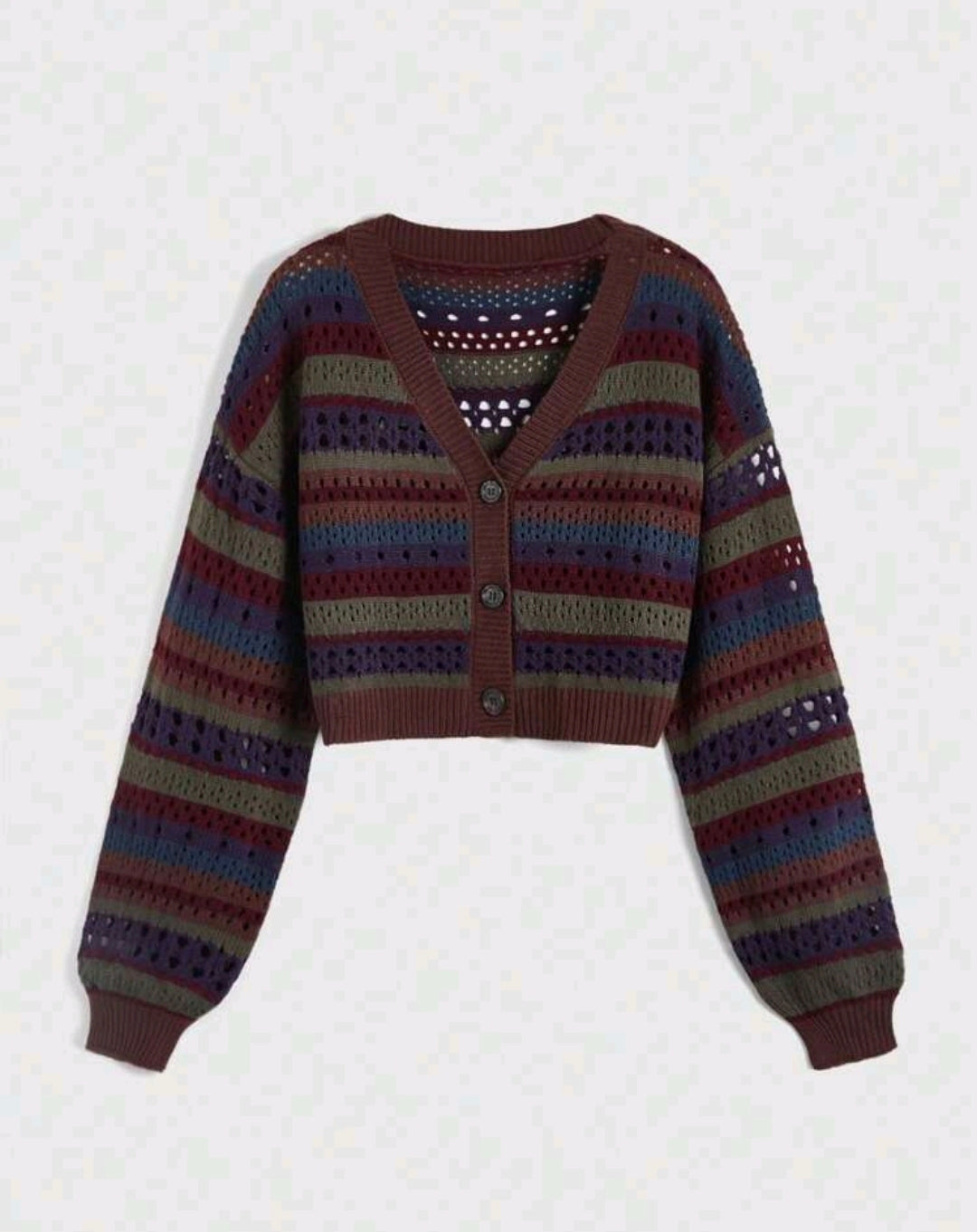 Open Knit Striped Crop Cardigan Mensa
