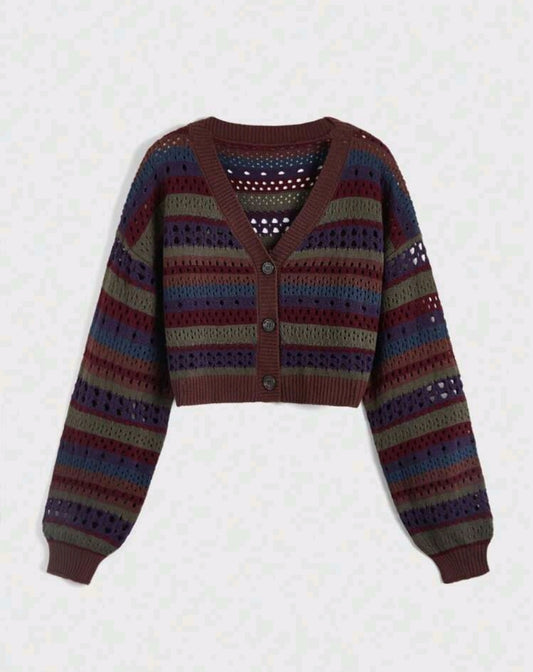 Open Knit Striped Crop Cardigan Mensa