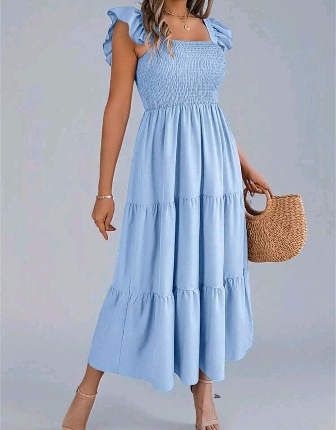 Ava Smocked Square Neck Tiered Midi Dress Summer Mensa