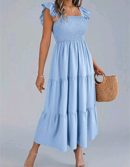 Ava Smocked Square Neck Tiered Midi Dress Summer Mensa