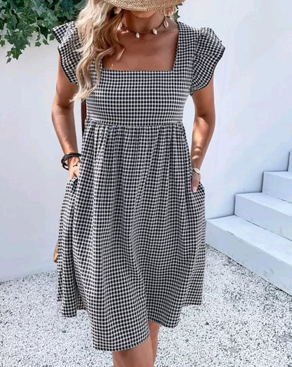 Elena Gingham Square Neck Flutter Sleeve Midi Dress Summer Mensa
