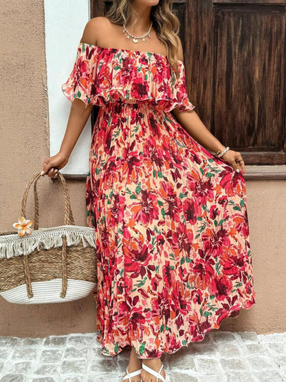 Isabella Red Floral Off Shoulder Ruffle Maxi Dress Summer Mensa