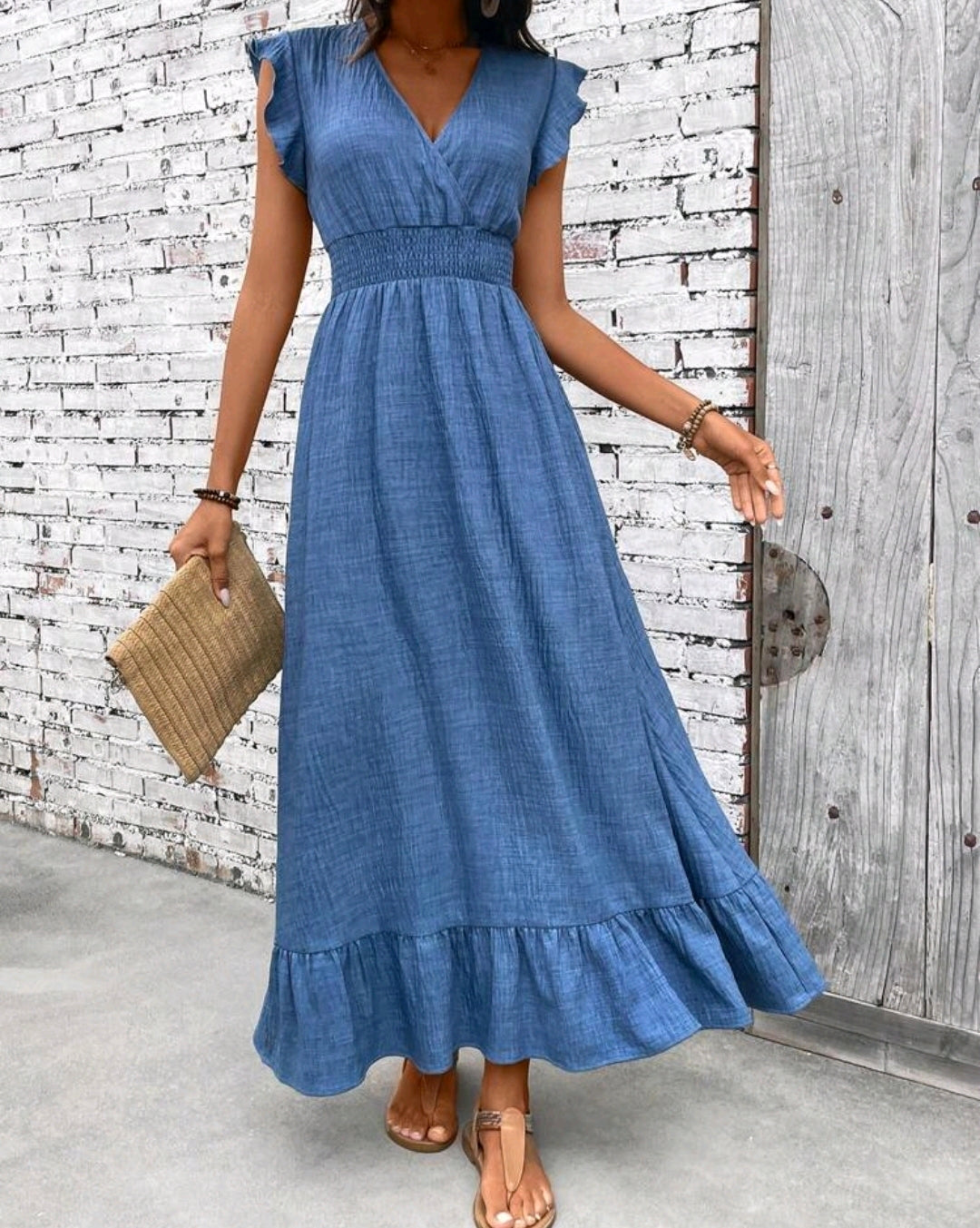 Nora Chambray Smocked V-Neck Ruffle Tiered Midi Dress Summer Mensa