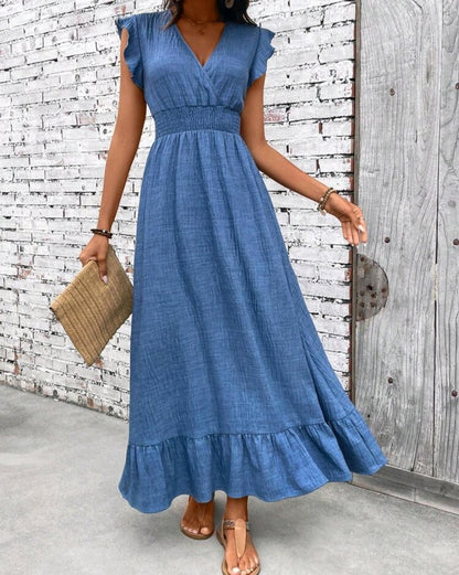 Nora Chambray Smocked V-Neck Ruffle Tiered Midi Dress Summer Mensa