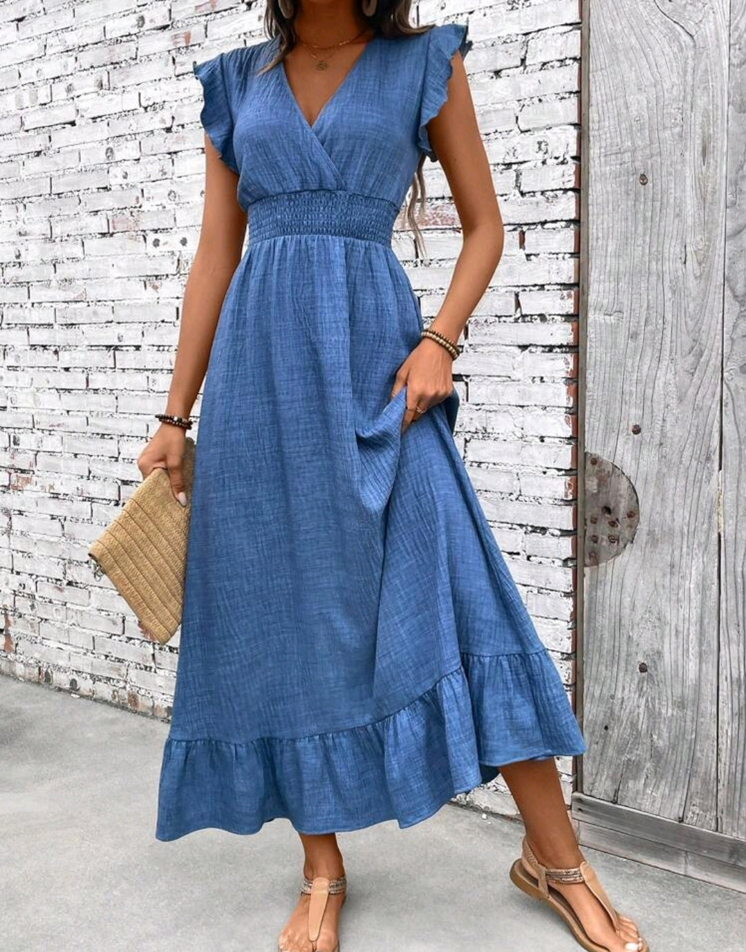 Nora Chambray Smocked V-Neck Ruffle Tiered Midi Dress Summer Mensa